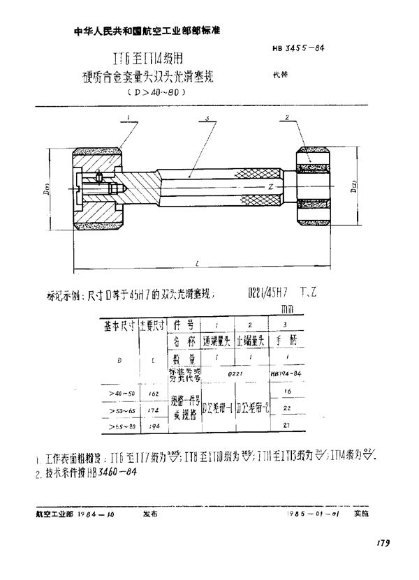 HB 3455-1984 ⅠT6至ⅠT14级用硬质合金套量头双头光滑塞规(D＞40～80)