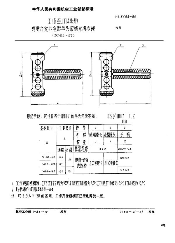 HB 3456-1984 ⅠT6至ⅠT14级用硬质合金非全形单头带柄光滑塞规 (D＞80～180)