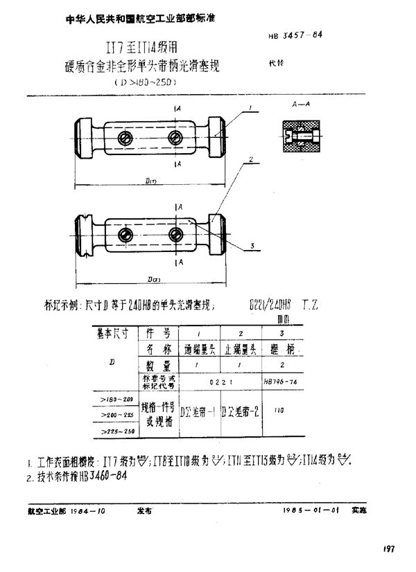 HB 3457-1984 ⅠT7至ⅠT14级用硬质合金非全形单头带柄光滑塞规 (D＞180～250)