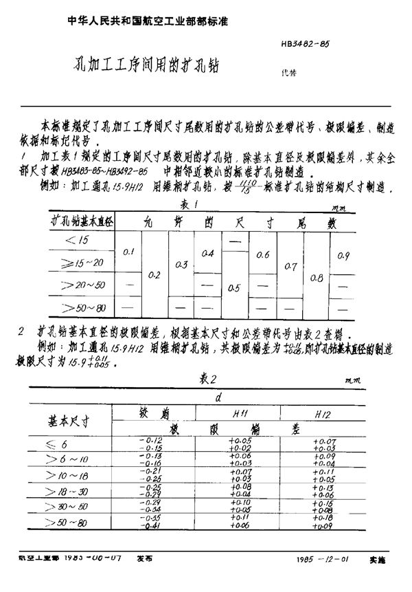 HB 3482-1985 加工工序间的扩孔钻