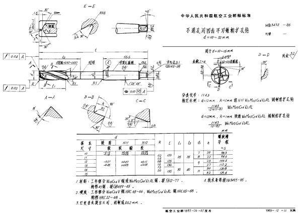 HB 3492-1985 不通孔用四齿平刃锥柄扩孔钻