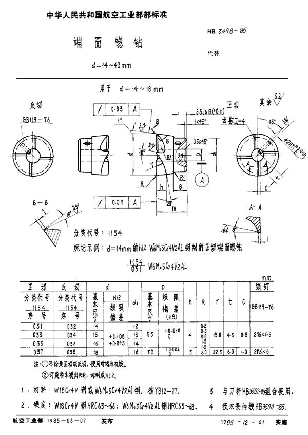 HB 3498-1985 端面锪钻 d＝14～40mm