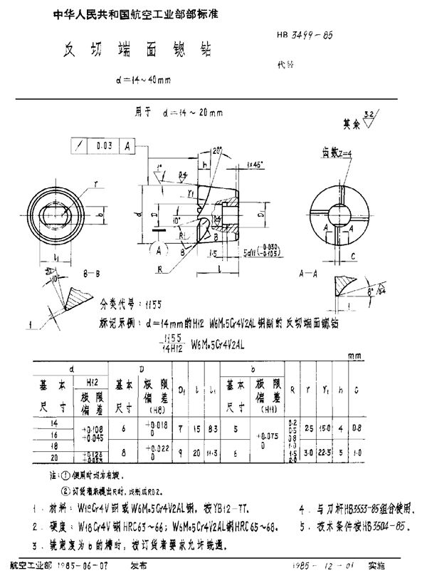 HB 3499-1985 反切端面锪钻 d＝14～40mm