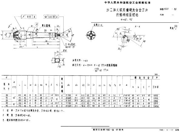 HB 3500-1985 加工淬火钢用镶硬质合金刀片的锥柄锥面锪钻 Φ＝60°、90°