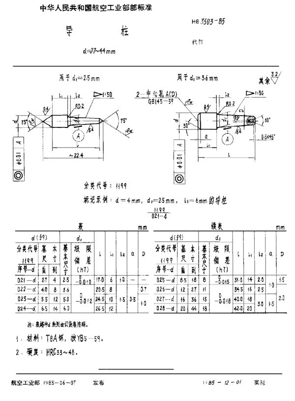 HB 3503-1985 导柱 d＝2.7～44mm