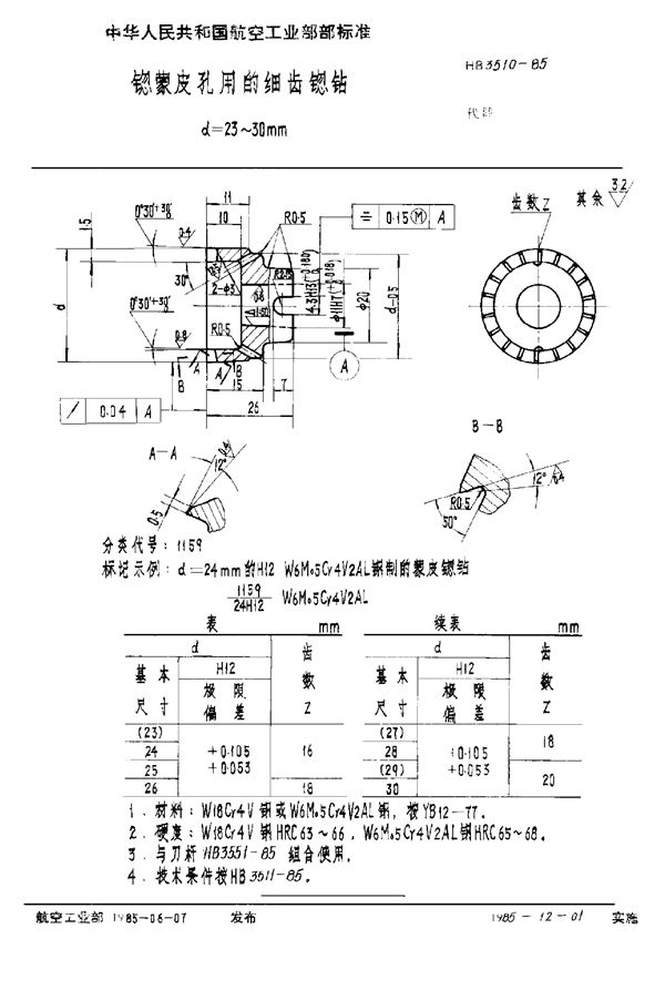 HB 3510-1985 锪蒙皮孔用的细齿锪钻 d＝23～30mm