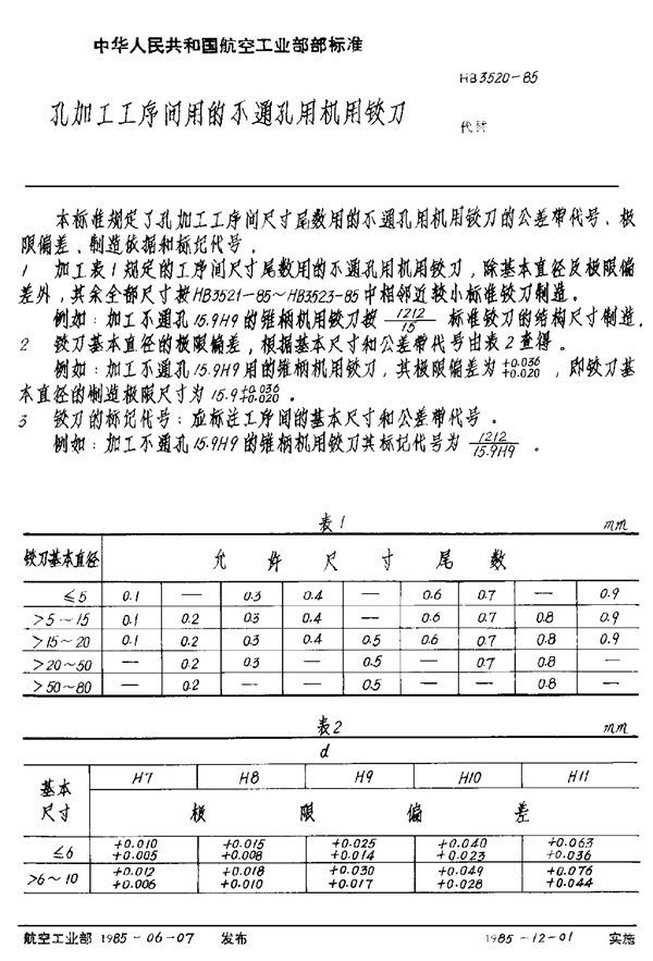 HB 3520-1985 孔加工工序间用的不通孔用机用铰刀