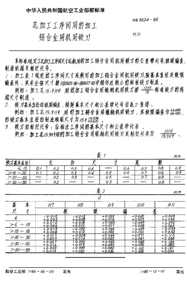 HB 3524-1985 孔加工工序间用的加工铝合金用的机用铰刀