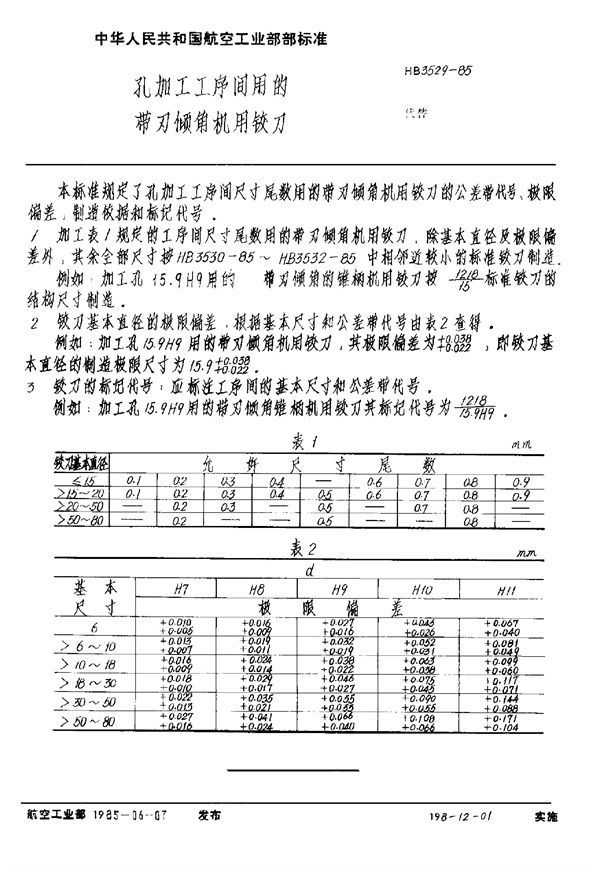 HB 3529-1985 孔加工工序间用的带刃倾角机用铰刀