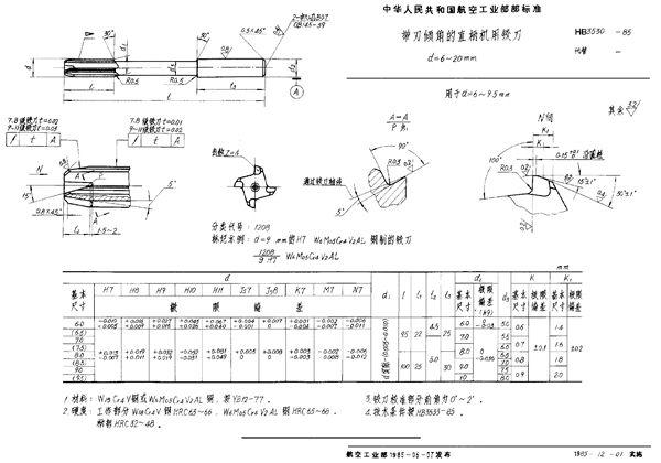 HB 3530-1985 带刃倾角的直柄机用铰刀 d＝6～20mm