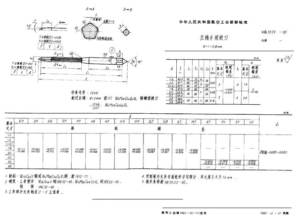 HB 3539-1985 五棱手用铰刀 d＝1～2.8mm