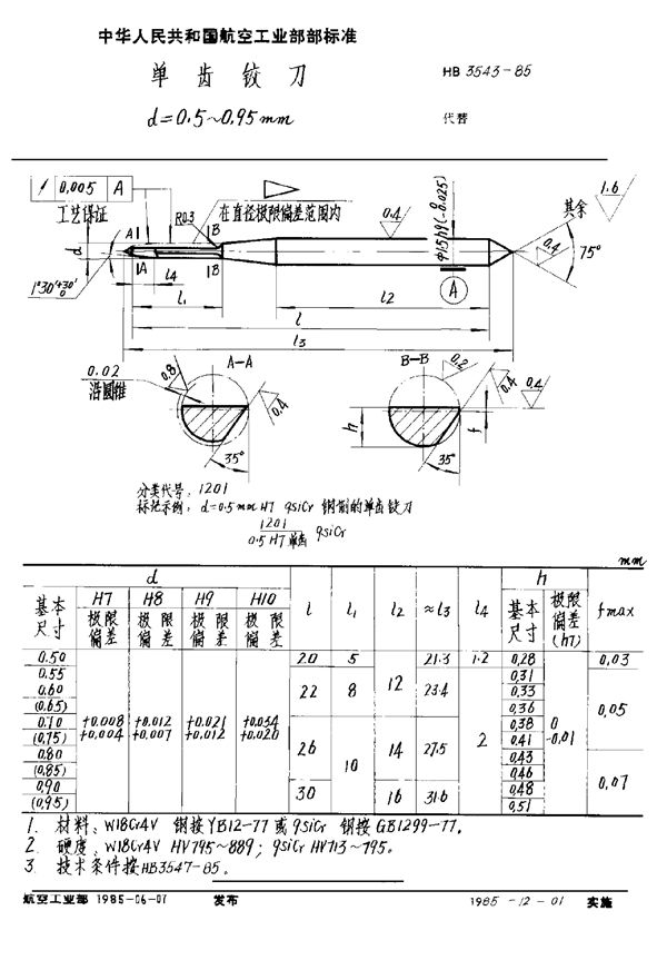 HB 3543-1985 单齿铰刀 d＝0.5～0.95mm