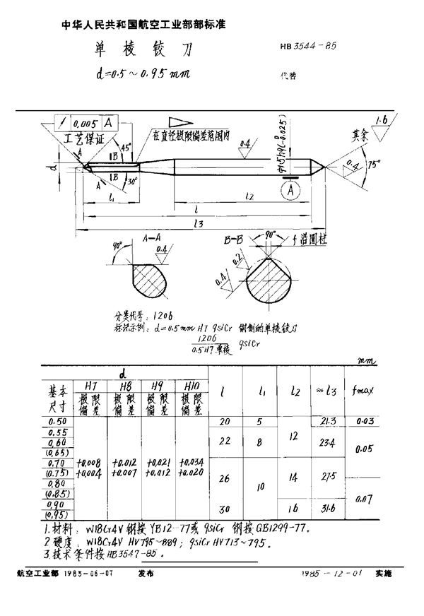 HB 3544-1985 单棱铰刀 d＝0.5～0.95mm