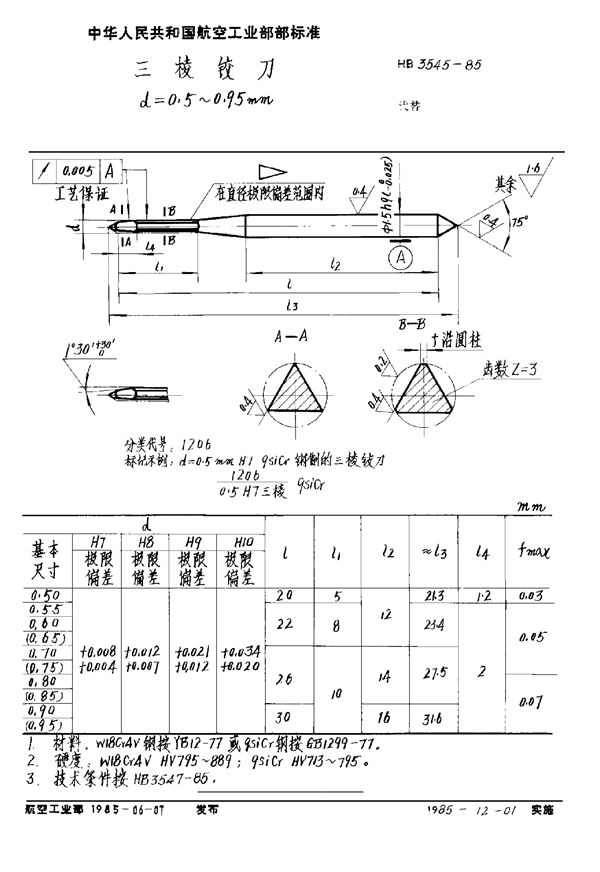 HB 3545-1985 三棱铰刀 d＝0.5～0.95mm