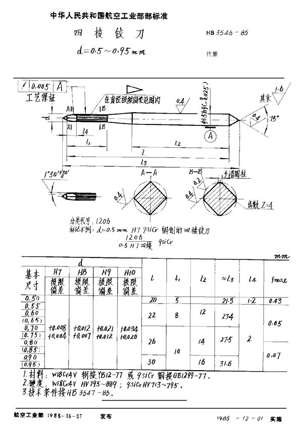 HB 3546-1985 四棱铰刀 d＝0.5～0.95mm