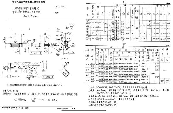 HB 3695-1986 加工普通钢通孔普通螺纹带后引导的长柄机、手用丝锥 d＝3～5mm