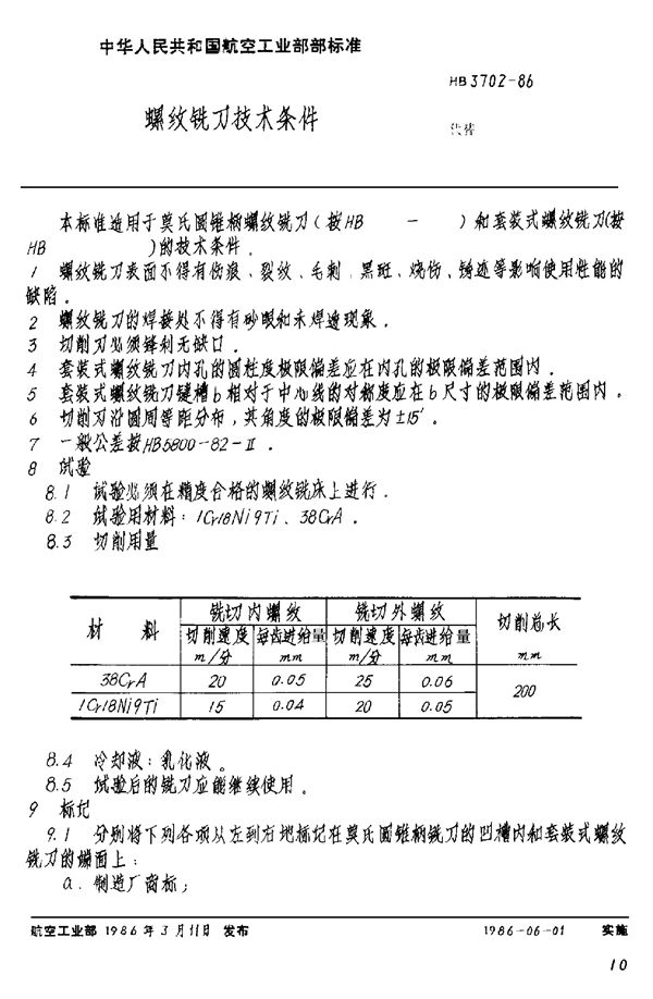 HB 3702-1986 螺纹铣刀技术条件