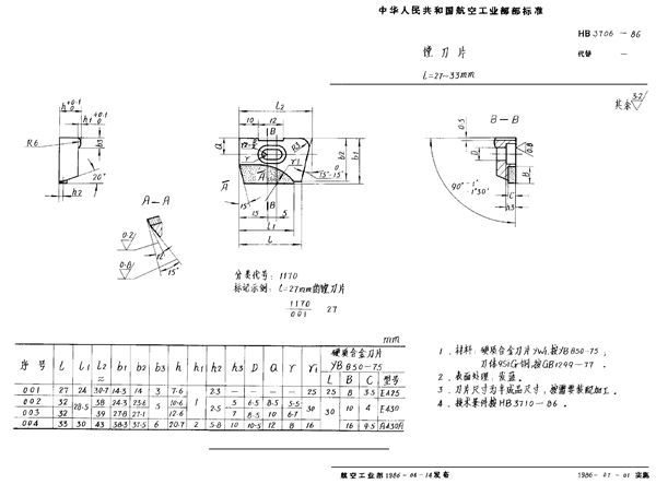 HB 3706-1986 镗刀片 L＝27～33mm