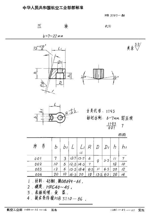 HB 3707-1986 压块 b＝7～22mm