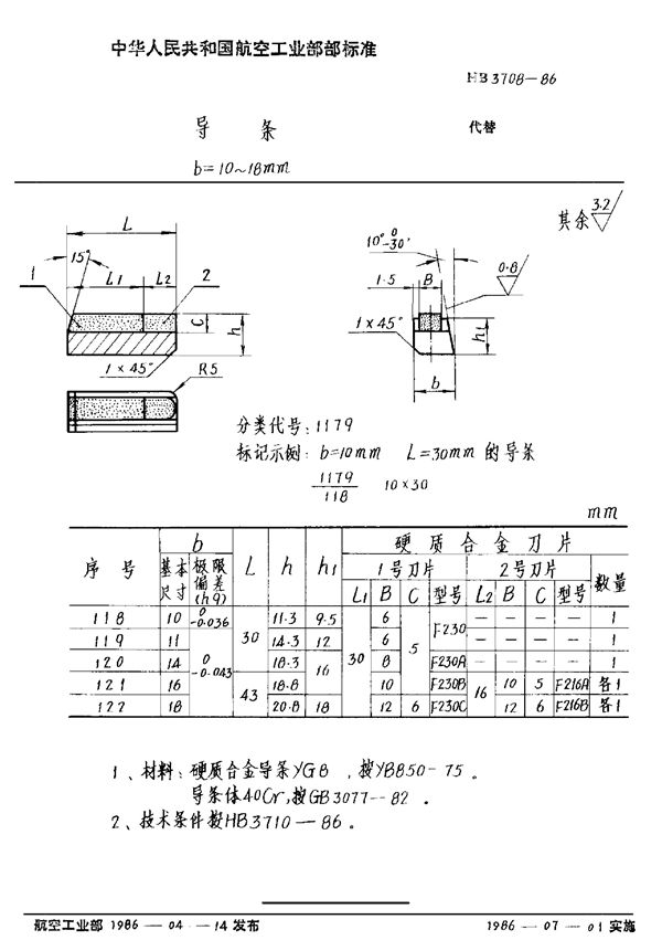 HB 3708-1986 导条 b＝10～18mm