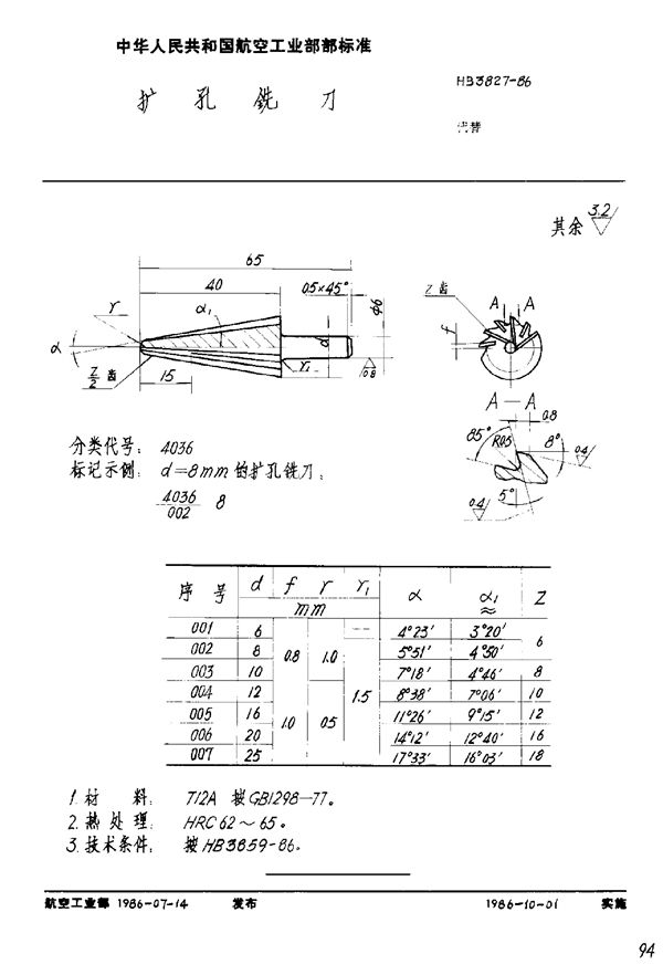 HB 3827-1986 扩孔铣刀