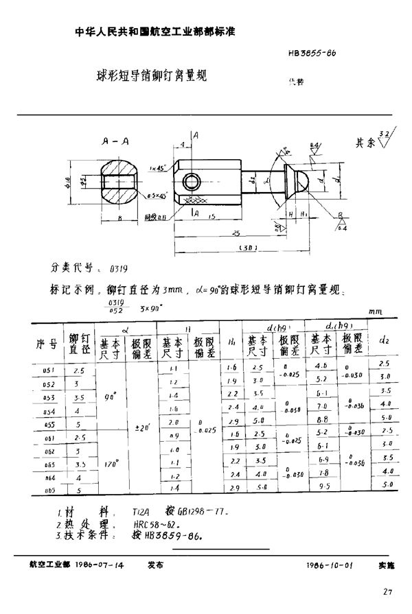 HB 3855-1986 球形短导销铆钉窝量规