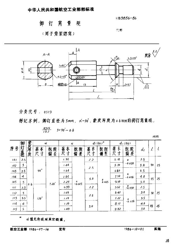 HB 3856-1986 铆钉窝量规 (用于骨架锪窝)