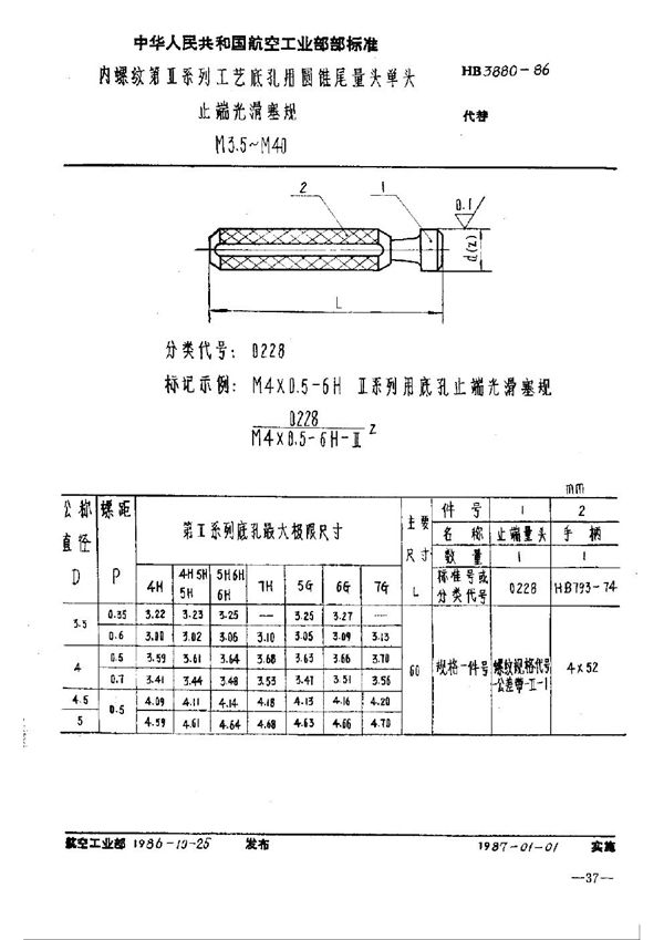 HB 3880-1986 内螺纹第Ⅱ系列工艺底孔用圆锥尾量头单头止端光滑塞规 M3.5～M40