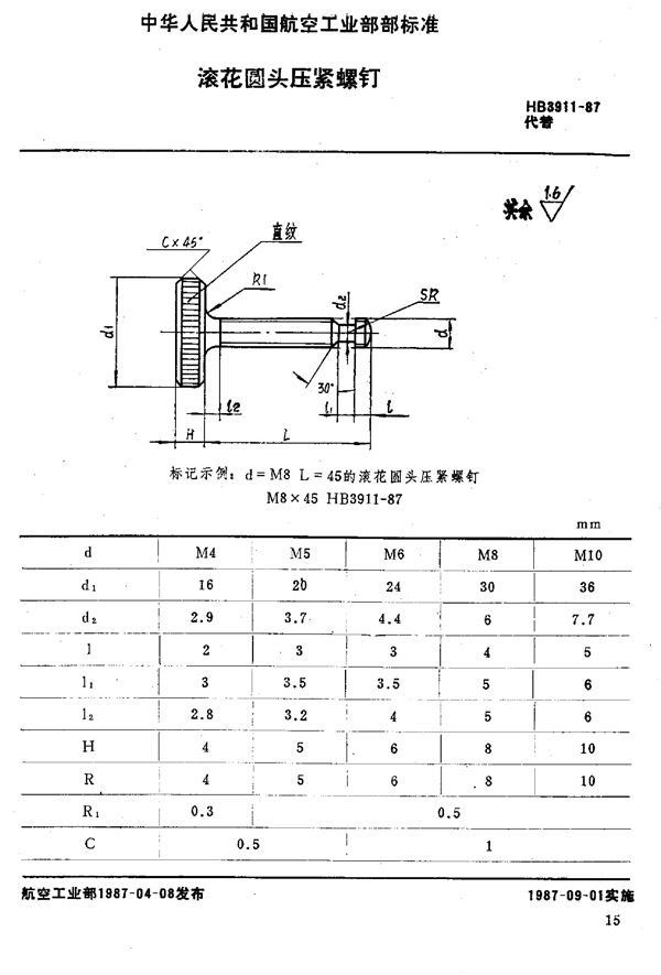 HB 3911-1987 滚花圆头压紧螺钉