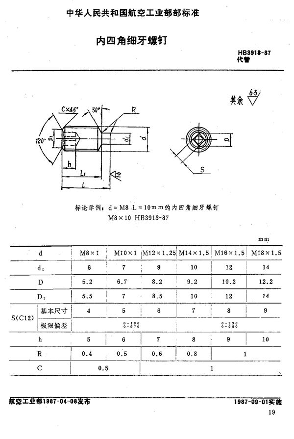 HB 3913-1987 内四角细牙螺钉