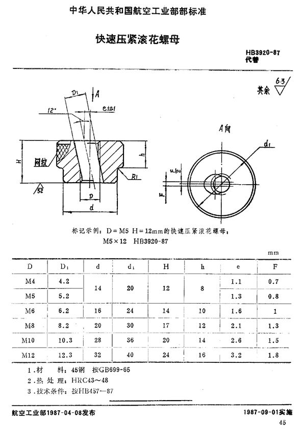 HB 3920-1987 快速压紧滚花螺母