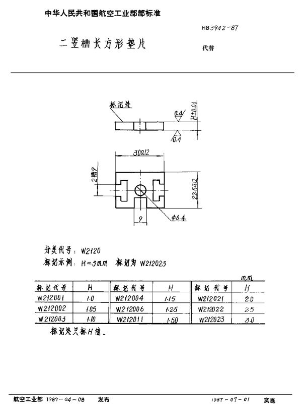 HB 3942-1987 二竖槽长方形垫片