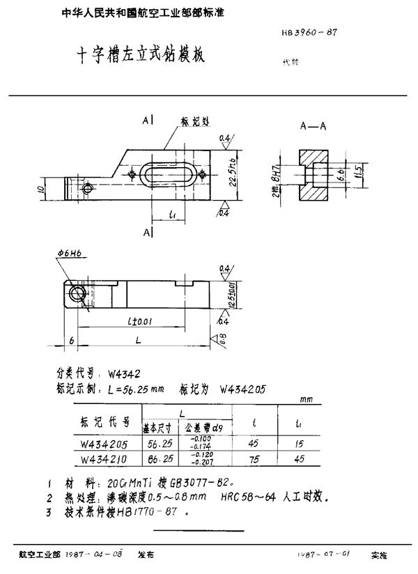 HB 3960-1987 十字槽左立式钻模板