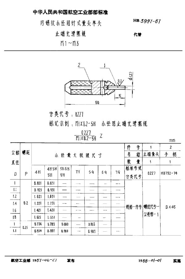 HB 3997-1987 内螺纹小径用针式量头单头止端光滑塞规 M1～M3