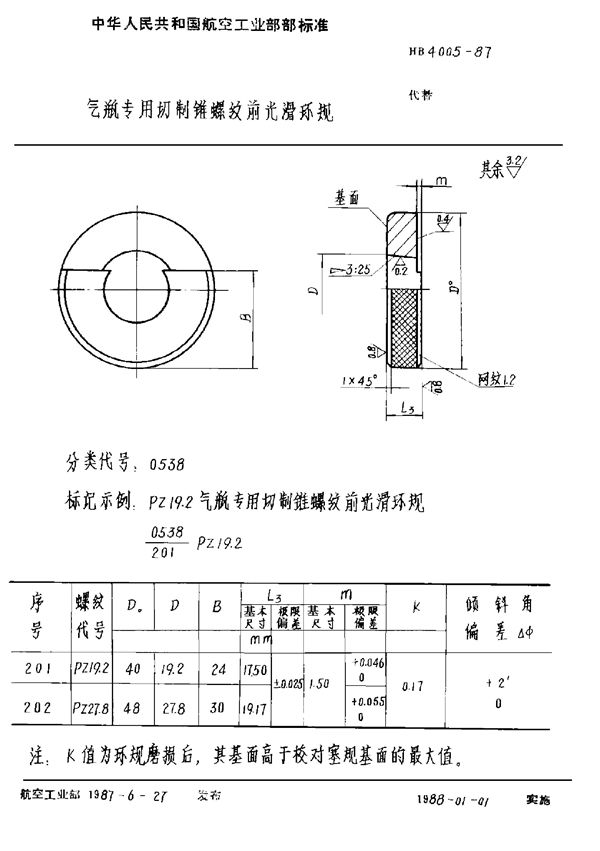 HB 4005-1987 气瓶专用切制锥螺纹前光滑环规