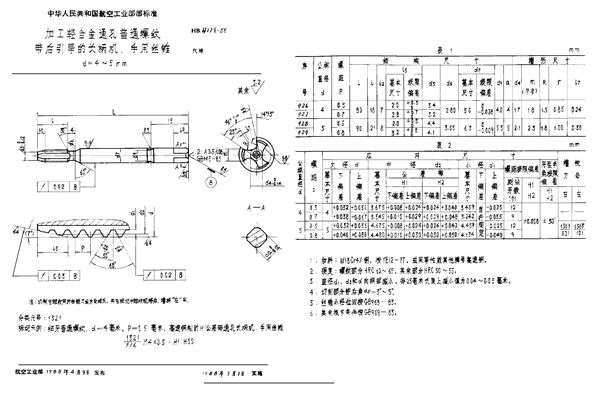 HB 4179-1988 加工轻合金通孔普通螺纹带后引导的长柄机、手用丝锥 d=4～4.5