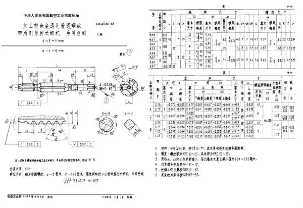 HB 4180-1988 加工轻合金通孔普通螺纹带后引导的长柄机、手用丝锥 d=6～11mm