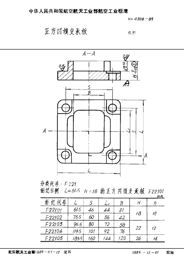 HB 4308-1989 正方凹模支承板