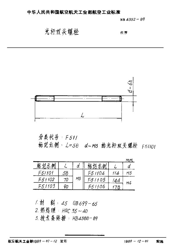 HB 4352-1989 光杆双头螺栓