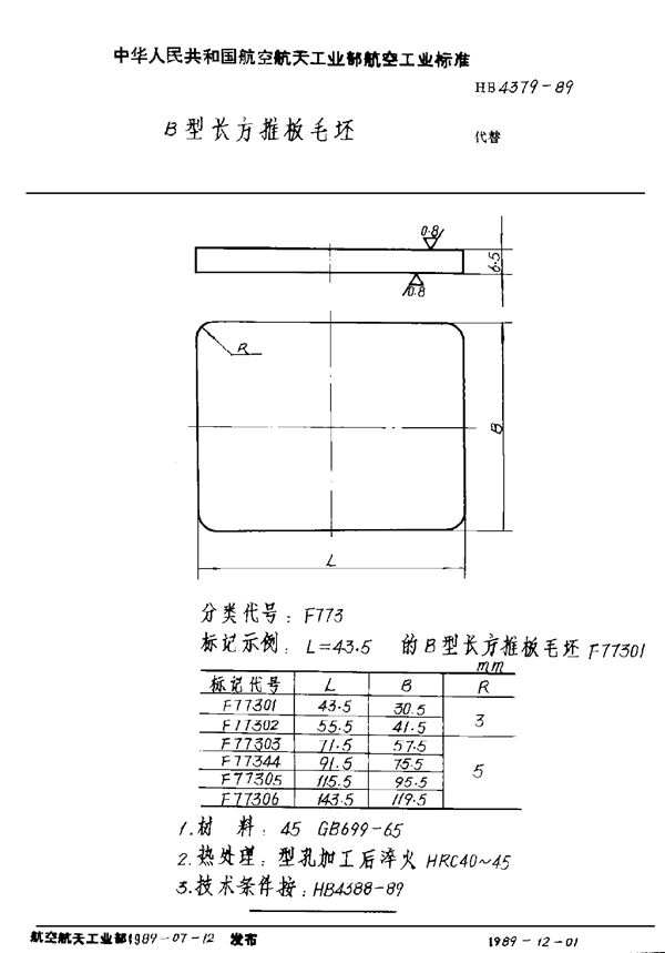 HB 4379-1989 B型长方推板毛坯