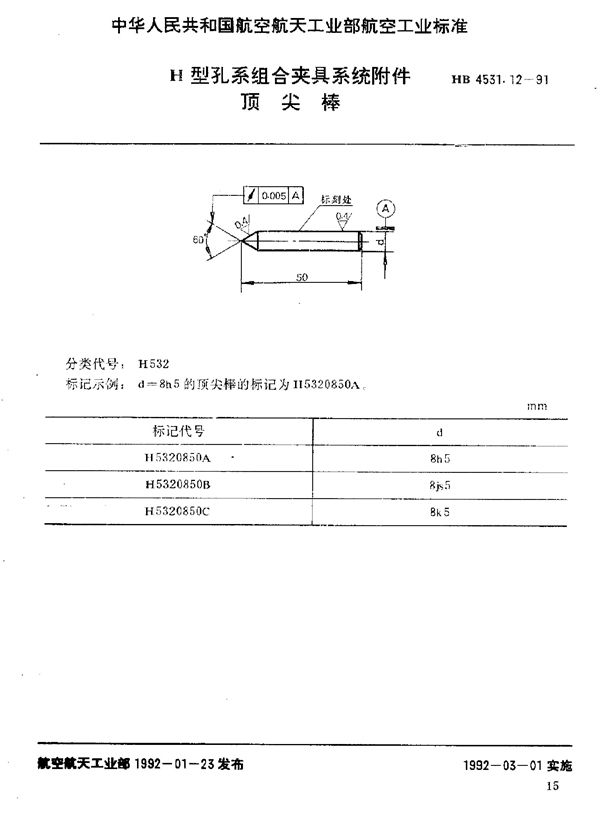 HB 4531.12-1991 H型孔系组合夹具系统附件 顶尖棒