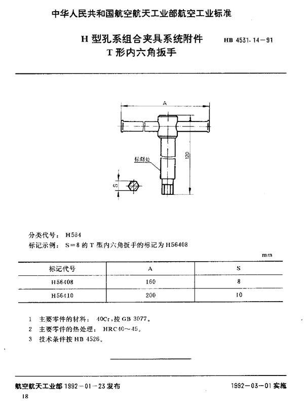 HB 4531.14-1991 H型孔系组合夹具系统附件 T形内六角扳手