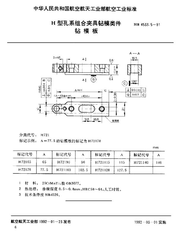 HB 4533.5-1991 H型孔系组合夹具钻模类件 钻模板