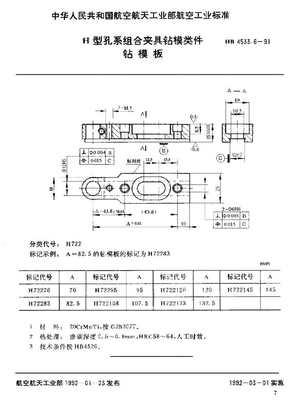 HB 4533.6-1991 H型孔系组合夹具钻模类件 钻模板