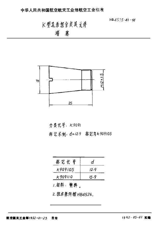 HB 4535.41-1991 K型孔系组合夹具元件 堵塞