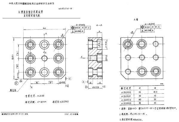 HB 4535.6-1991 K型孔系组合夹具元件 正方形定位支承