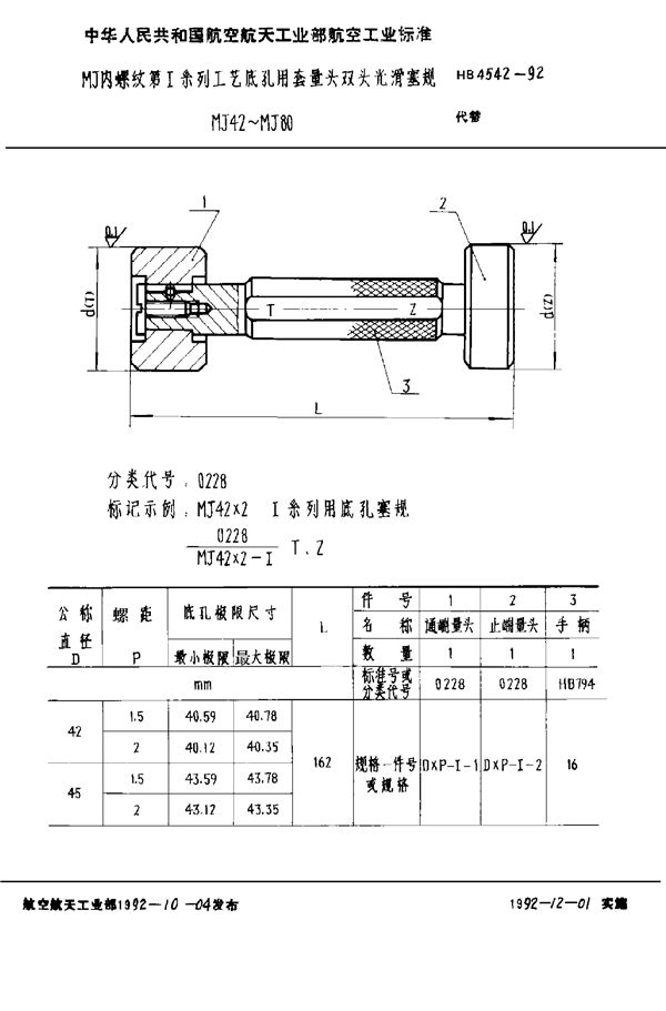 HB 4542-1992 MJ内螺纹第Ⅰ系列工艺底孔用套量头双头光滑塞规 MJ42～MJ80