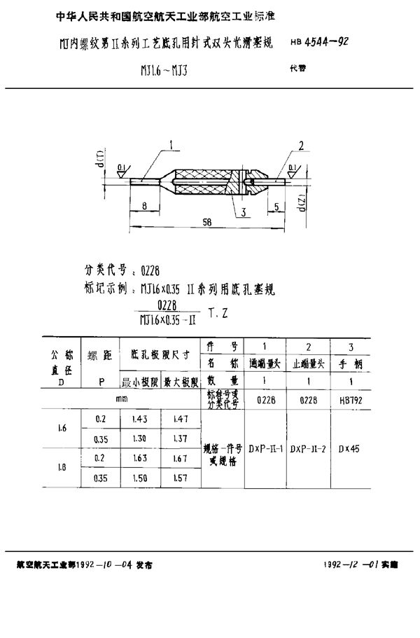 HB 4544-1992 MJ内螺纹第Ⅱ系列工艺底孔用针式双头光滑塞规 MJ1.6～MJ3