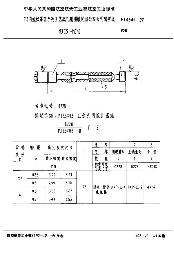 HB 4545-1992 MJ内螺纹第Ⅱ系列工艺底孔用圆锥尾量头双头光滑塞规MJ3.5~MJ40