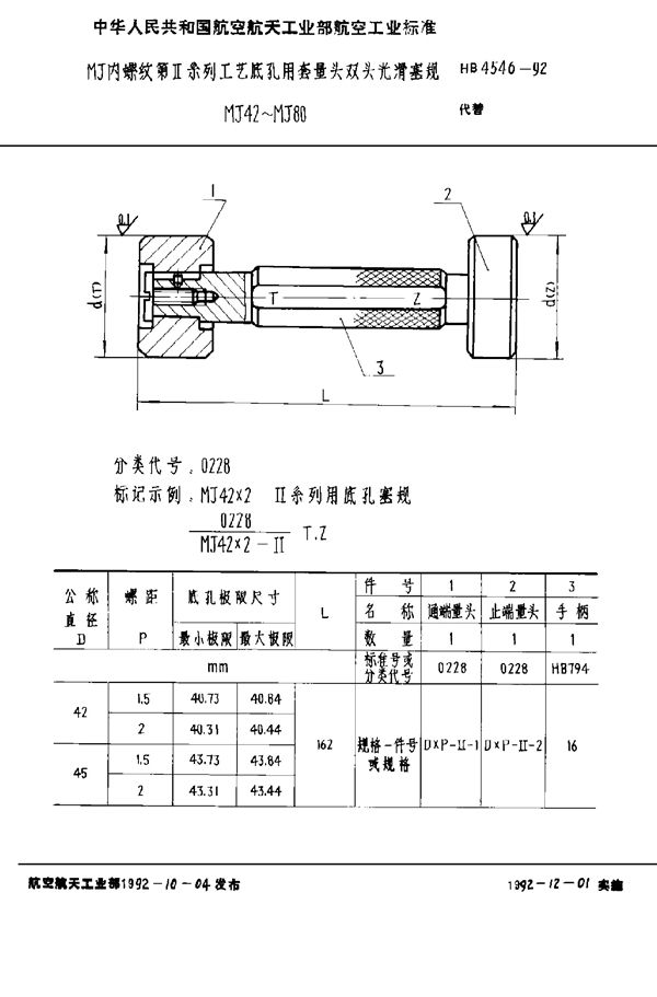 HB 4546-1992 MJ内螺纹第Ⅱ系列工艺底孔用套量头双头光滑塞规 MJ42～MJ80